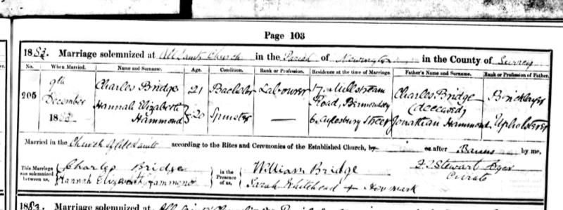 Marriage All Saints, Walworth, Surrey, England, United Kingdom. 9 Dec 1883 Charles Bridge & Hannah Elizabeth Hammond